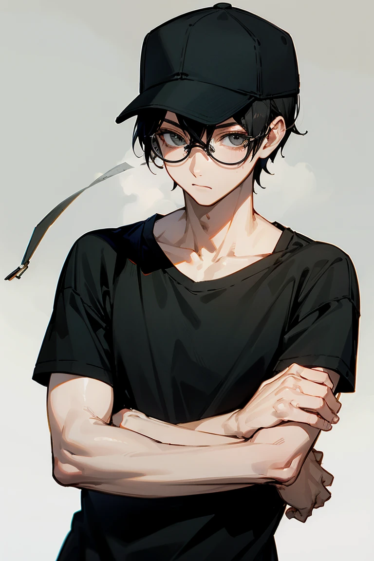 One adult male、Black Hair、Short Hair、Black baseball cap、Loose fitting T-shirt、Upper body only、No background、I'm wearing glasses、