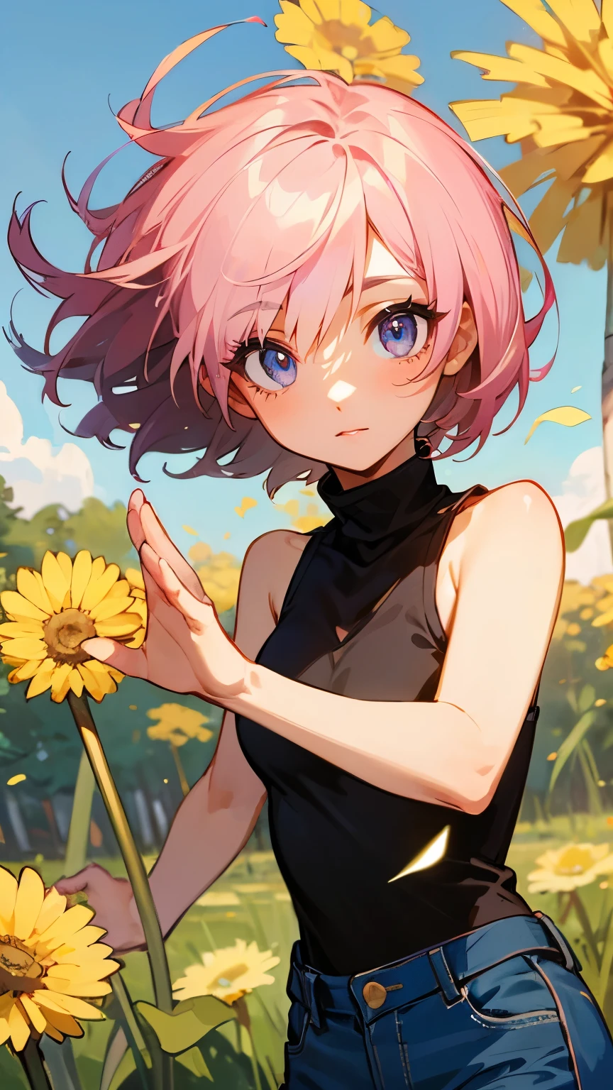 ((masterpiece)), (Top quality portraits), 1 Female, With dandelions, (Hair on one eye), Pink short haircut, Wearing a black turtleneck sleeveless T-shirt, Denim pants, In the dandelion field, Beautiful eyes in every detail, Gorgeous face with attention to detail, Perfect body, Dynamic pose, Perfect Shading, Intricate details, Pixiv, Krentz Kuschaert, (Hair on one eye), Brown Pixie Haircut,
