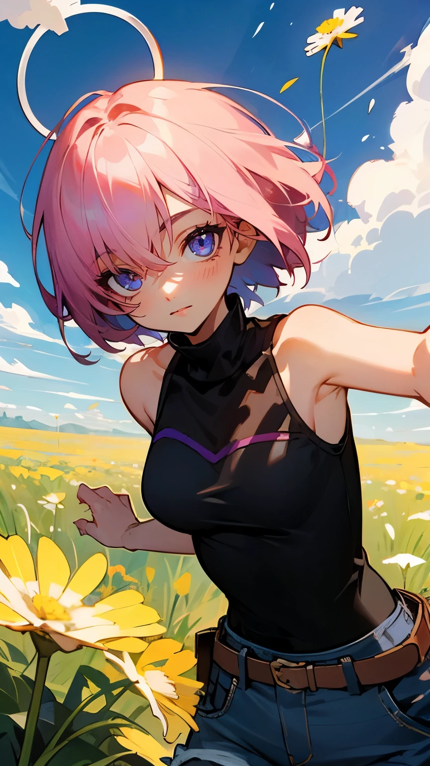 ((masterpiece)), (Top quality portraits), 1 Female, With dandelions, (Hair on one eye), Pink short haircut, Wearing a black turtleneck sleeveless T-shirt, Denim pants, In the dandelion field, Beautiful eyes in every detail, Gorgeous face with attention to detail, Perfect body, Dynamic pose, Perfect Shading, Intricate details, Pixiv, Krentz Kuschaert, (Hair on one eye), Brown Pixie Haircut,