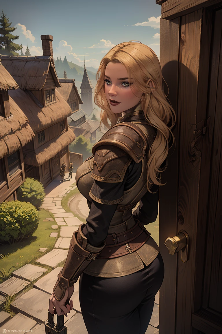 1 girl, masterpiece, 32 yo, female breton beauty sits outdoors in a rustic Skyrim village, surrounded by thatched roofs and lush greenery. The sun casts a warm glow on her porcelain skin as she gazes directly into the camera lens, her piercing green eyes sparkling with a hint of mischief. Her raven tresses cascade down her back like a waterfall, framing her heart-shaped face. A gentle smile plays on her lips, inviting the viewer to step into her whimsical world. blonde hair, fit body, Skyrim style, (female front view:1.3), looking at the viewer.,wearing light armor, female breton