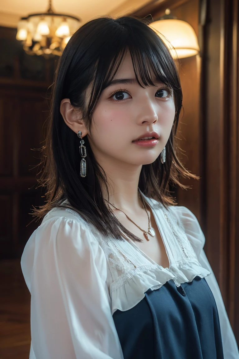 (Highest quality:1.4),(masterpiece:1.4),(Realistic:1.4),(Realistic:1.2),(超High resolution, RAW Photos:1.4),(High resolution, Ultra-detailed:1.2),(8k:1.2),View your viewers,Cinematic photography,One girl,skeletally correct,Black-haired woman,Woman in her early 20s,(Small earrings,necklace,Frilled blouse),(Western-style building interior,Dimly lit room,The lamplight shines on my cheeks)