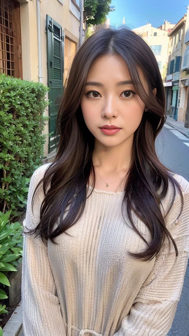 dark brown hair、Light brown eyes、Japanese actress、I am about 40 years old...、Streets of Saint-Tropez、Spectacular views、背景にはサントロペのSpectacular viewsが広がる、one piece、flower、flowerに囲まれたサントロペの建物、A street surrounded by buildings in Saint-Tropez、Leaning against the wall、