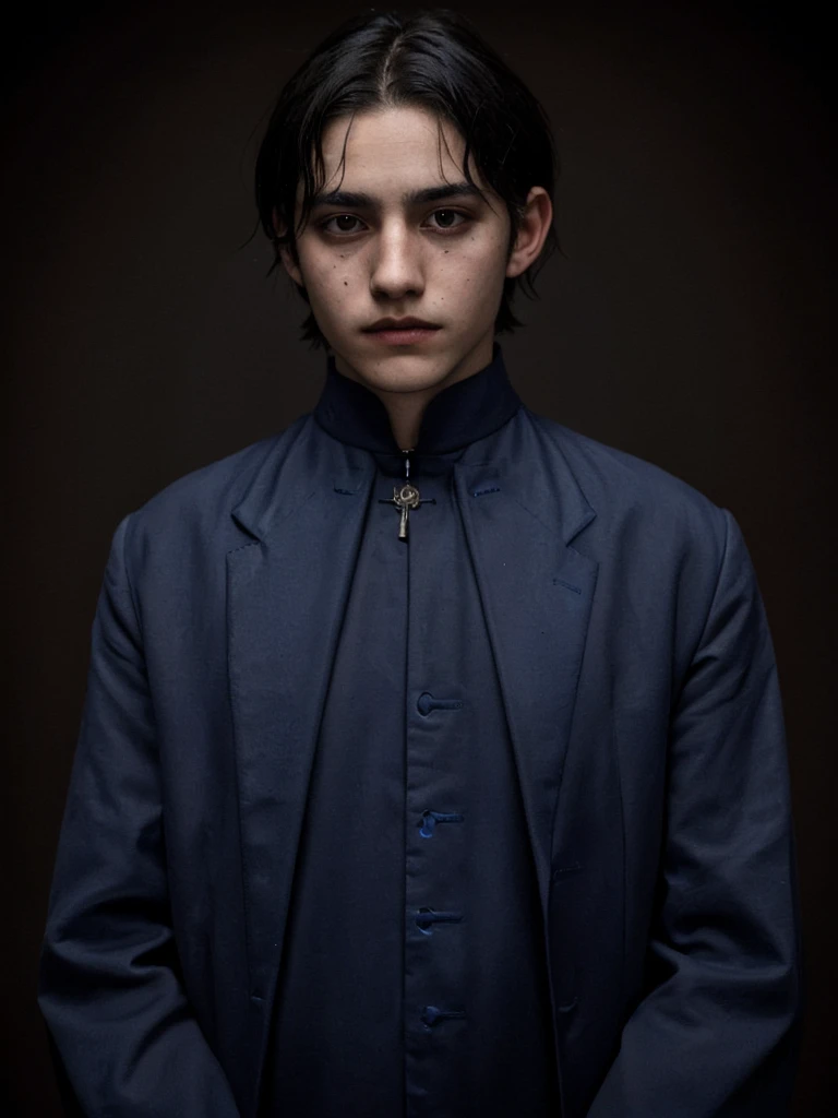 undefined, Young guy, 13years old, Blue Black Hair, Italian appearance, brown skin color, Dark-colored clothing of an aristocratic priest, dark blue eye color, straight nose, high, Beautiful. Evil atmosphere.