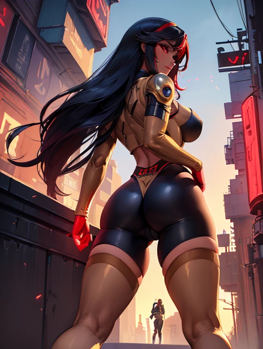 ((best qualityer)), ((work of art)), (detail: 1.4), details intrincados, cinematic lighting, sharp focus, detailed face, Goddess with red eyes, (A beautiful cyberpunk woman with long black hair:1.5), (((((Hair with black and red gradation))))), (darkskin:1.4), (White Cyber bodysuit with glowing lights), (tall woman), armored boots, (Breasts huge:1.4), (perky breasts:1.5), (smal waist:1.3), (Legs long:1.4), (camel toe:1.4), (going), (from behind:1.5), Industrial zone, natta, Raby,
