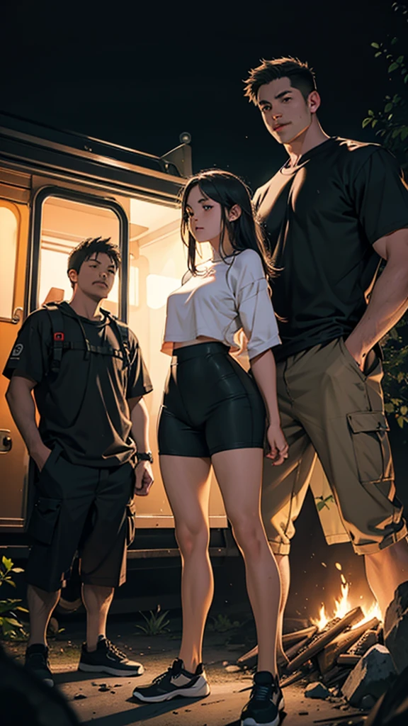 a beautiful girl and boy  in short clothes camping in forest hills at night, large hips, fire burning in background, detailed face