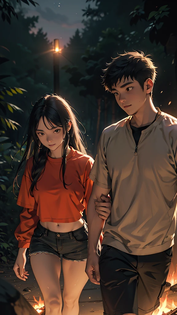 a beautiful girl and boy  in short clothes camping in forest hills at night, large hips, fire burning in background, detailed face