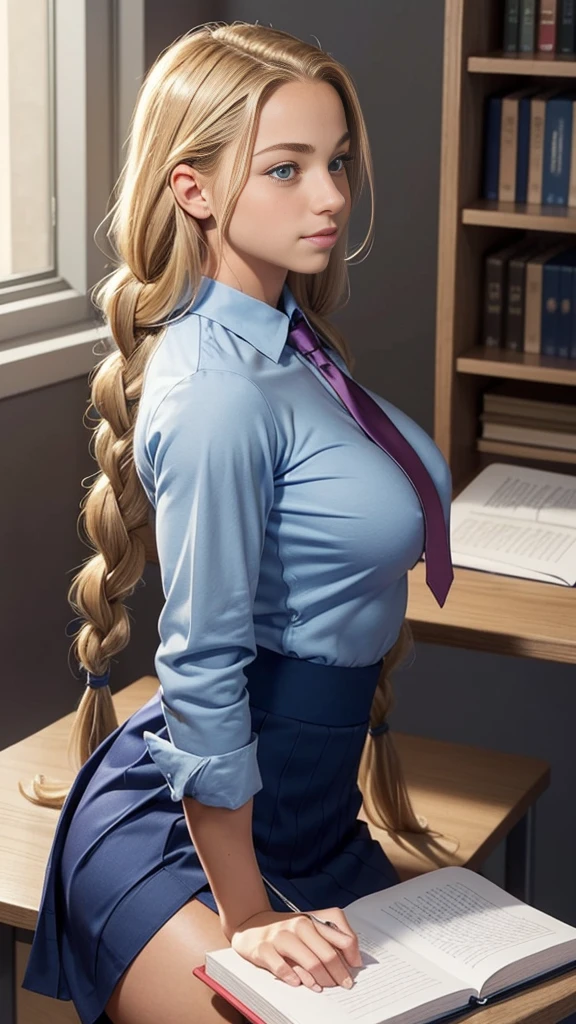 PERFECT MASTERPIECE, EXTREMELY DETAILED CG UNITY 32K UHD QUALITY RESOLUTION, RAW PHOTO, PHOTOREALISTIC, AWARD-WINNING PORTRAIT, OFFICIAL ART, PROFESSIONAL CINEMATIC LIGHTING, PROFESSIONAL FILM QUALITY, The most beautiful and sexy school girl, long blonde hair in a ponytail, vibrant blue eyes, long detailed eyelashes, blushing, full pouting pink lips, super huge enormously gigantic tits, cleavage showing, gigantic bursting out of her shirt, wearing a school girl uniform and school girl skirt, white panties showing, standing in a sexy seductive slutty pose arching her back, looking at the viewer, sexy seductive slutty facial expression, school campus background