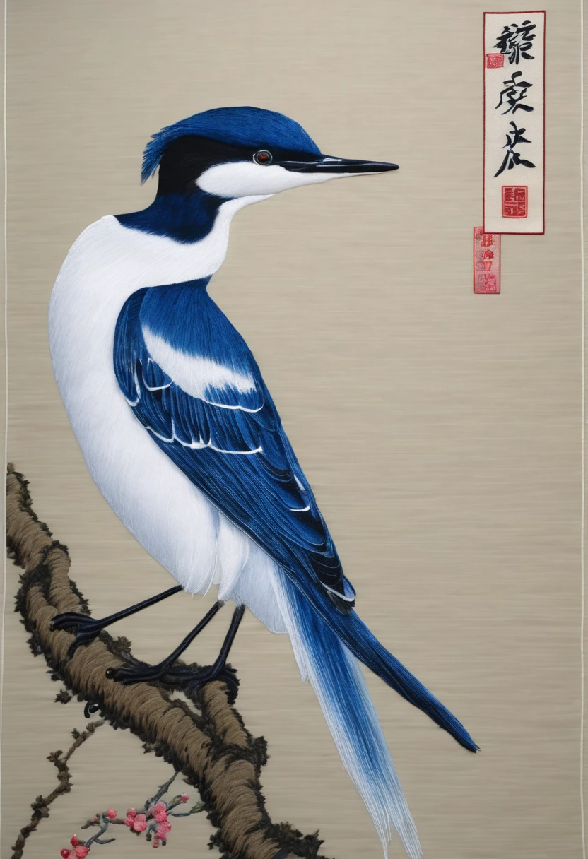 embroidery作品,embroidery，Tapestry of Class， (Translucent blue ETA embroidery hanging on the wall）, Silk-like thread, Line Smooth, ,Agile white tail and fins, with a lot of white space (background:  White Chinese Silk),  蘇州シルクembroidery, Ink and watercolor,, Realistic embroidery details, Hyper HD, Super Detail, 16K,
