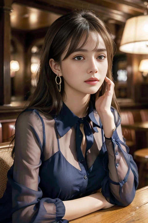 masterpiece, highest quality, Realistic, Very detailed, Finer details, High resolution, 8k wallpaper, One beautiful woman, Wear a navy blue see-through blouse, In a great pub, At night, Light brown messy layered hair, Perfect dynamic composition, Beautiful and beautiful eyes、Big earrings、Sitting in a chair、
