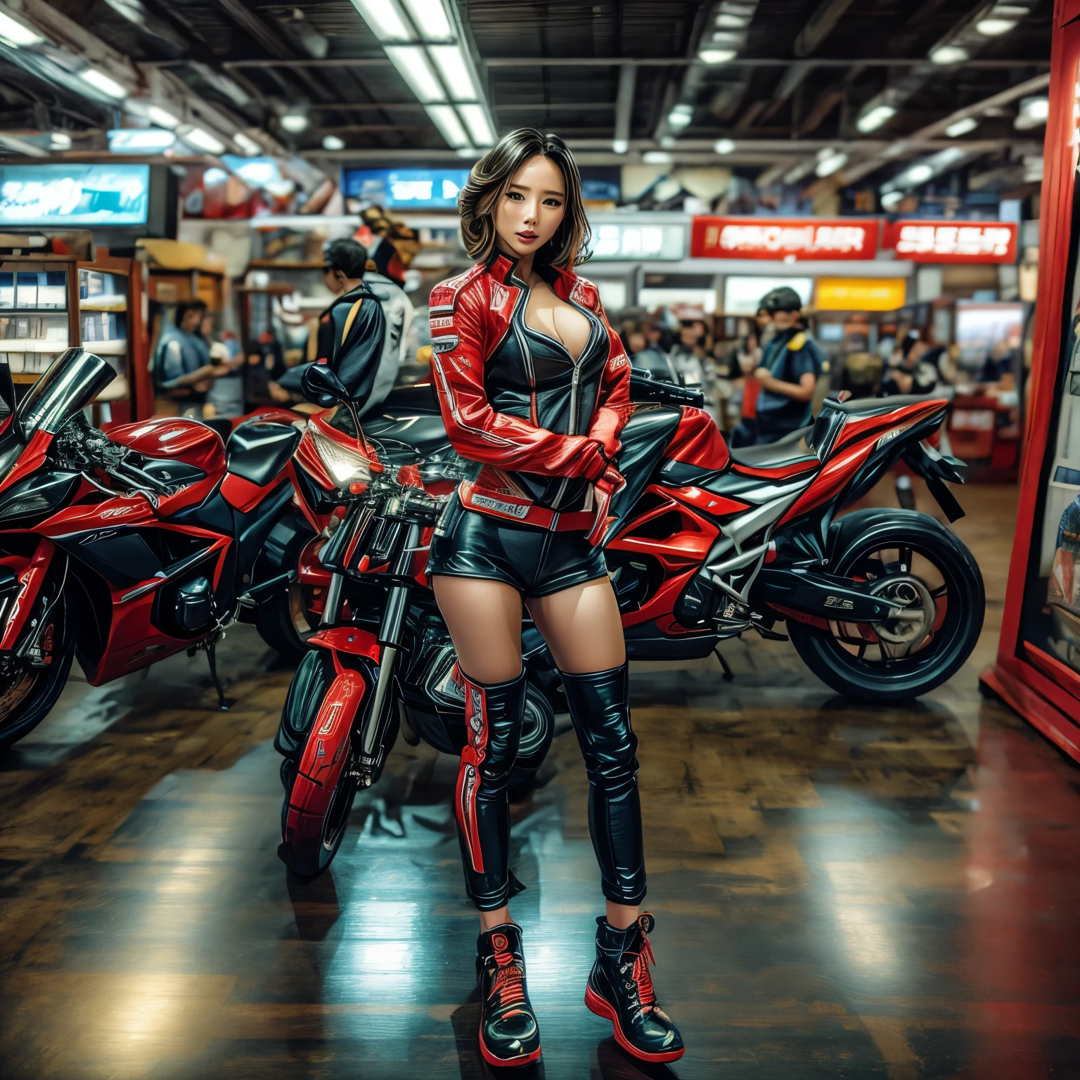 (ExtremelyDetailed((Song Joo A))) clearly visible the shape of Butt, Radiant PearlSkin with Transparency, motor cycle event girls in sexy costume, Detailed Clothing texture, Full of (motor cycle) . (Full body shot:1.2),Ultra-detailed,grand scale,epic,zoomed out,wide angle. (ExtremelyDetailed Beautiful face) Dynamic Joyful Expressions LifeLike Rendering. (Exposed:0.59) PerfectLighting (TopQuality 8K(masterpiece(ProfessionalPhoto:1.37)))