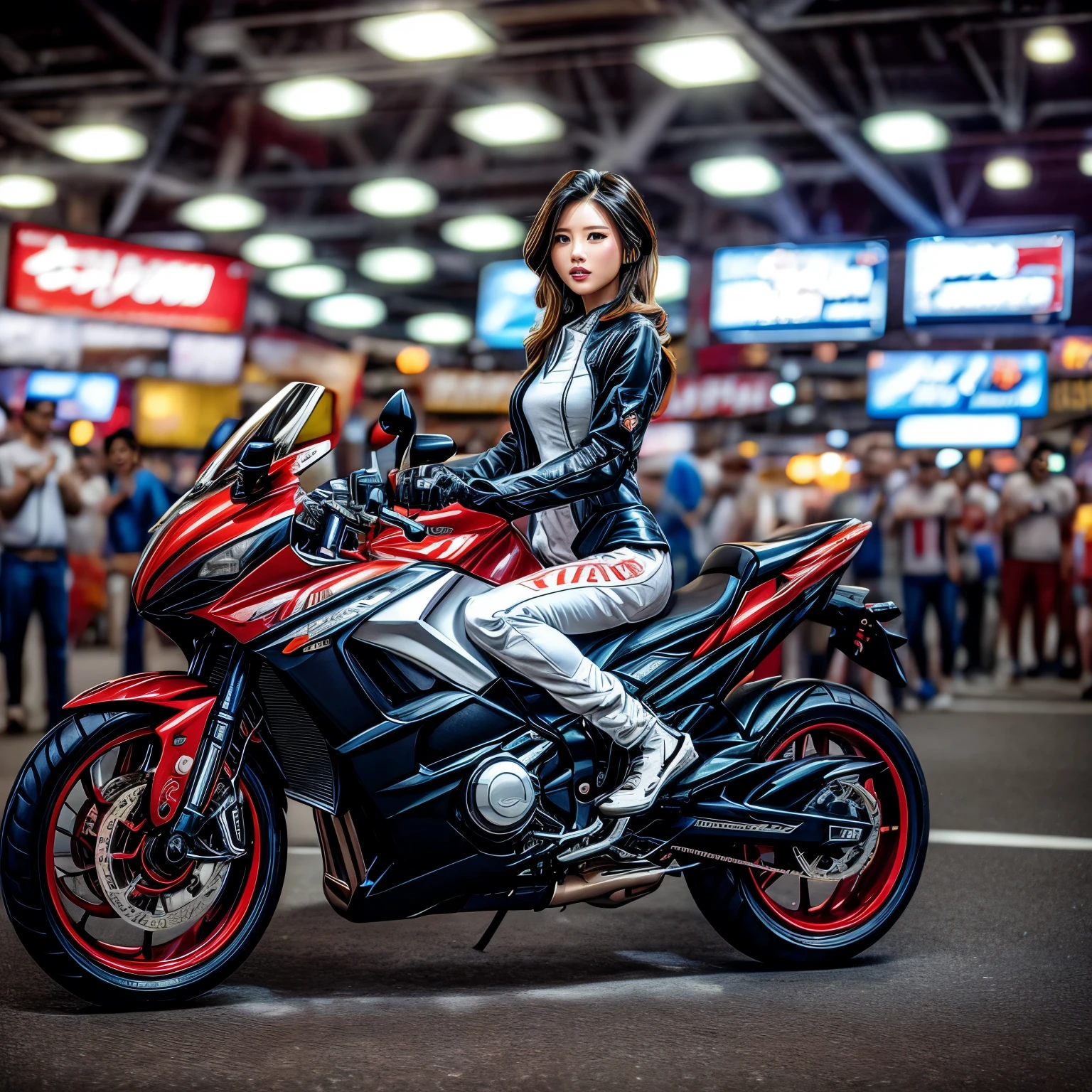 (ExtremelyDetailed((Song Joo A))) clearly visible the shape of Butt, Radiant PearlSkin with Transparency, motor cycle event girls in sexy costume, Detailed Clothing texture, Full of (motor cycle) . (Full body shot:1.2),Ultra-detailed,grand scale,epic,zoomed out,wide angle. (ExtremelyDetailed Beautiful face) Dynamic Joyful Expressions LifeLike Rendering. (Exposed:0.59) PerfectLighting (TopQuality 8K(masterpiece(ProfessionalPhoto:1.37)))