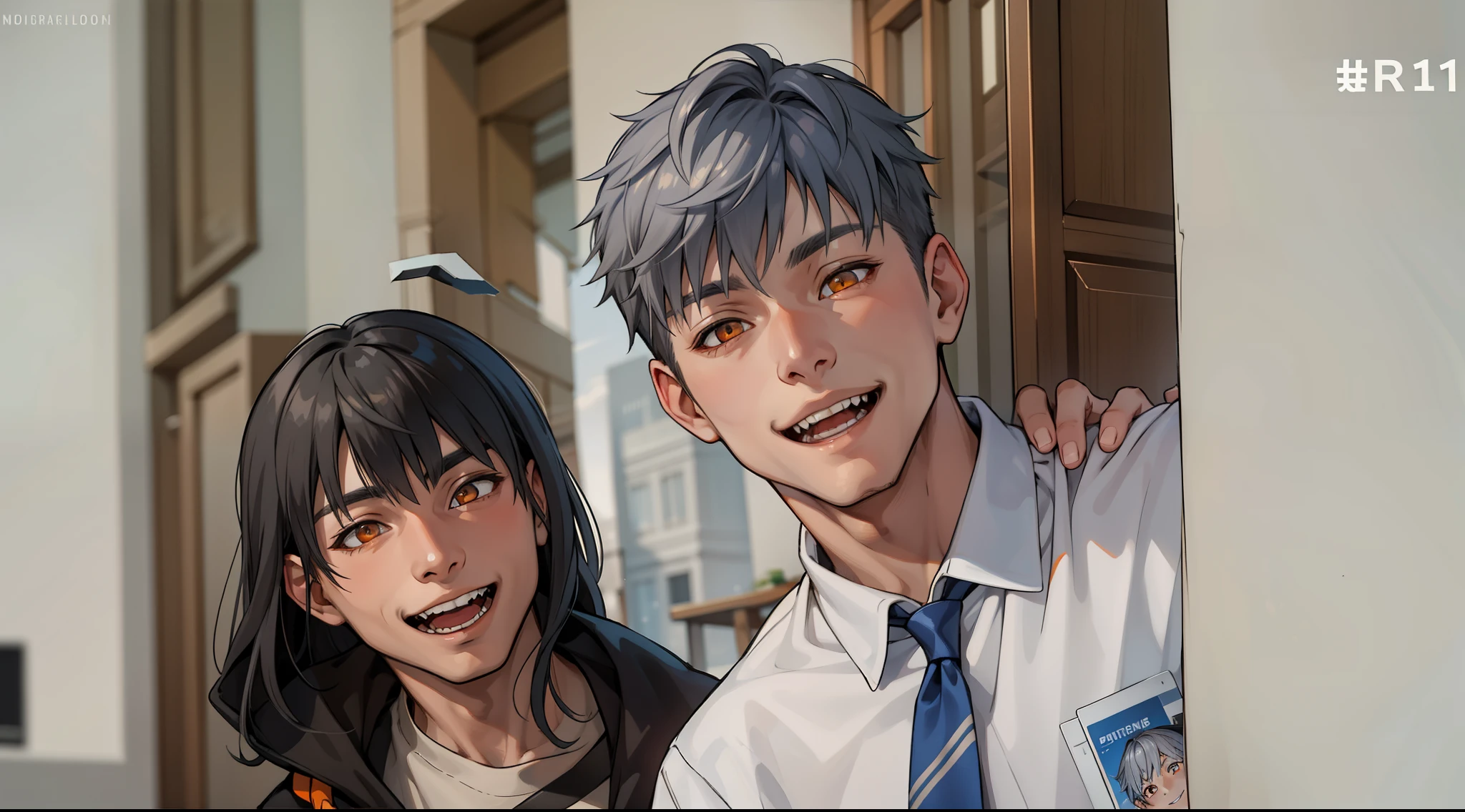  a boy and a 15 year old boy, gray hair orange eyes, They are smiling mischievously