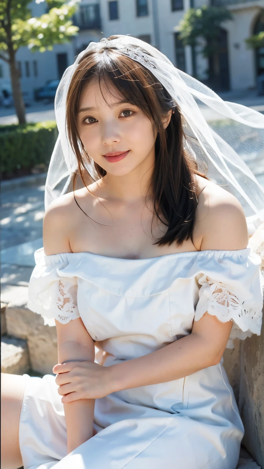 (8k、RAW Photos、Highest quality、masterpiece:1.2)、(Realistic、Realistic)、1 girl、((off-the-shoulder wedding dresses、Veil、Chapel、Short Bob、View from the front、smile、Look at the camera 、smile、stand))、cute、Large Breasts