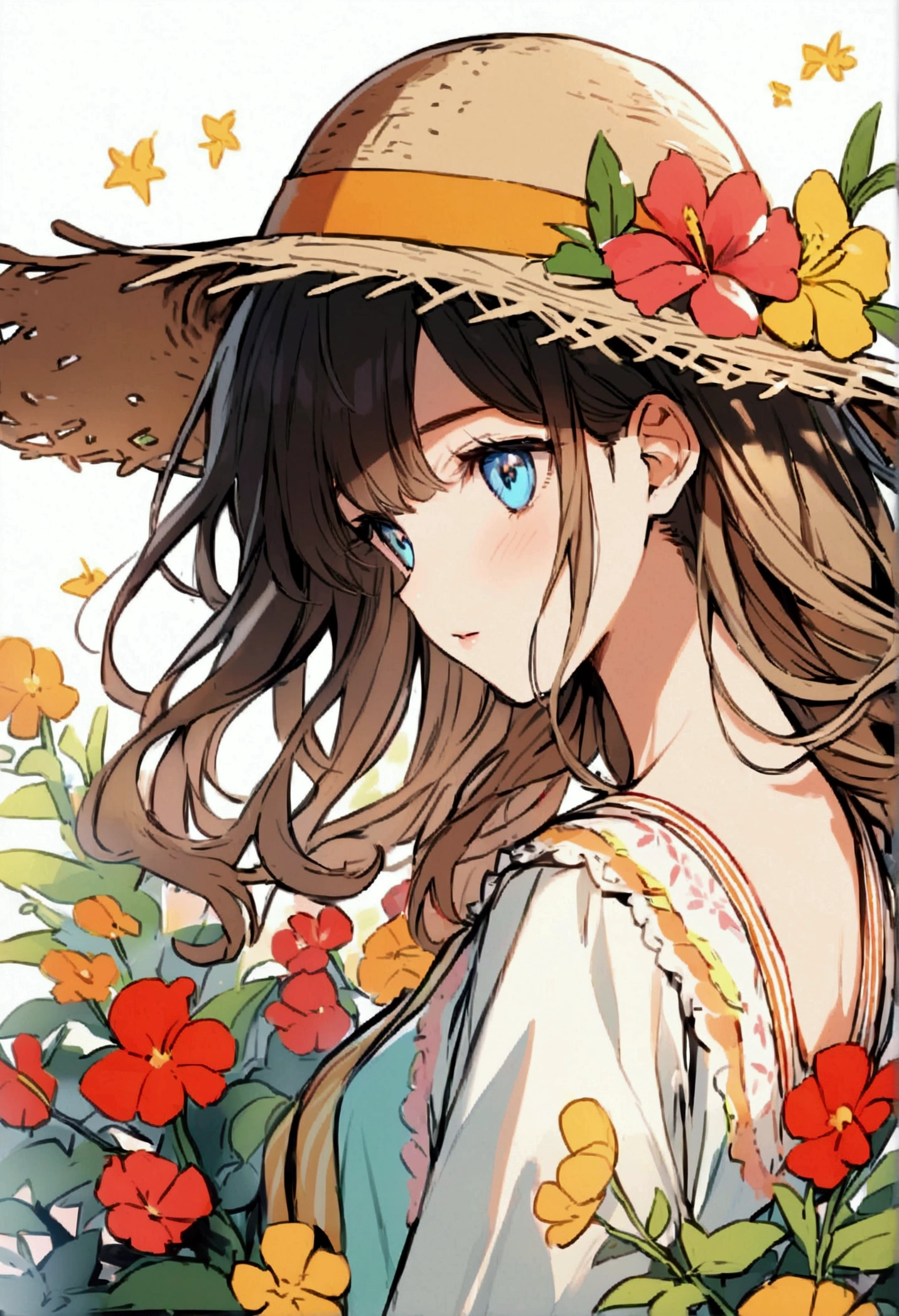 Summer nostalgic girl with flowers handwritten straw hat