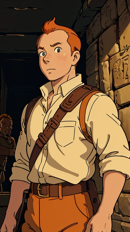 (1man, Tintin,1boy), (extremely detailed CG unit 8k wallpaper),(master part), (best quality), (ultra detail), (best illustration),(ghibli style), cowboy shot, (Sharp eyeliner, ombre, detailed eyes:1), Ancient Egyptian tomb interiors background, ,break , (t3mu1), upper body,brunning,short hair, orange hair, 