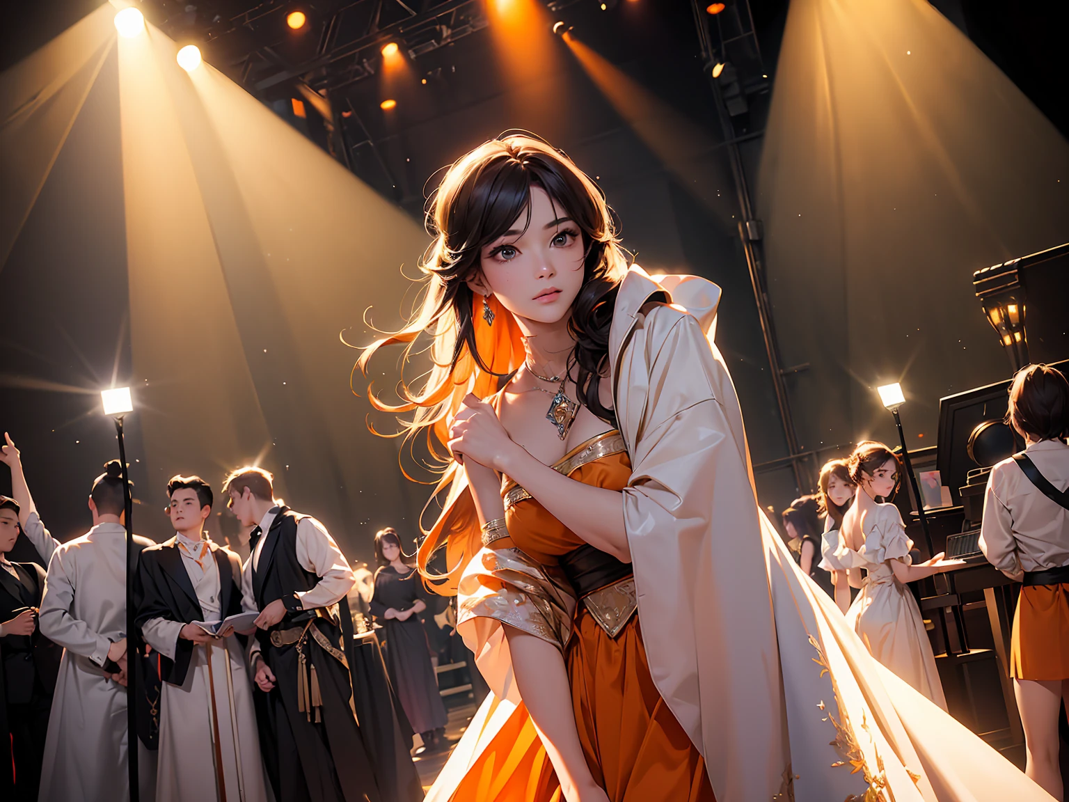 8k、masterpiece, Highest quality, Ultra-high resolution, Highest Resolution, Professional Lighting, Orange lighting、(((Realistic portrayal)))、Backlight、(((narrow、Dark Stage)))、(((new york)))、Spotlight、Antique lighting、indoor、Dim lighting、Performance Group