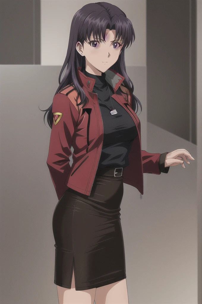 Katsuragi_Misato, 
1girl, solo, purple_hair, long_hair, katsuragi_misato, pencil_skirt, skirt, jacket, red_jacket,
high detail,Cinematic light, intricate detail,highres, high detail,detailed,best quality,