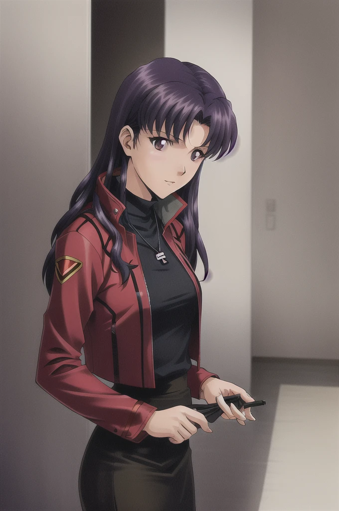 Katsuragi_Misato, 
1girl, solo, purple_hair, long_hair, katsuragi_misato, pencil_skirt, skirt, jacket, red_jacket,
high detail,Cinematic light, intricate detail,highres, high detail,detailed,best quality,