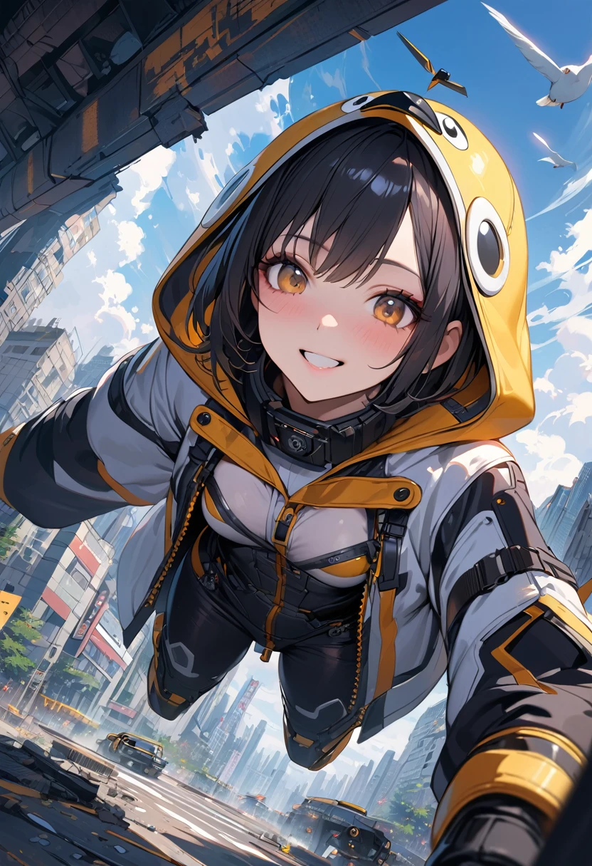 (Masterpiece, BestQuality), (hyperrealistic),cyberpunk,((chibi girl is flying in the sky with mechanical wings)),detailed wing, BREAK (15yo,black short hair,middle small breasts,Black penguin hood, white penguin robe, webbed boots),BREAK smile,dynamic angle,absurd,( in ruined city),japan, intricate details, depth of field,portrait,