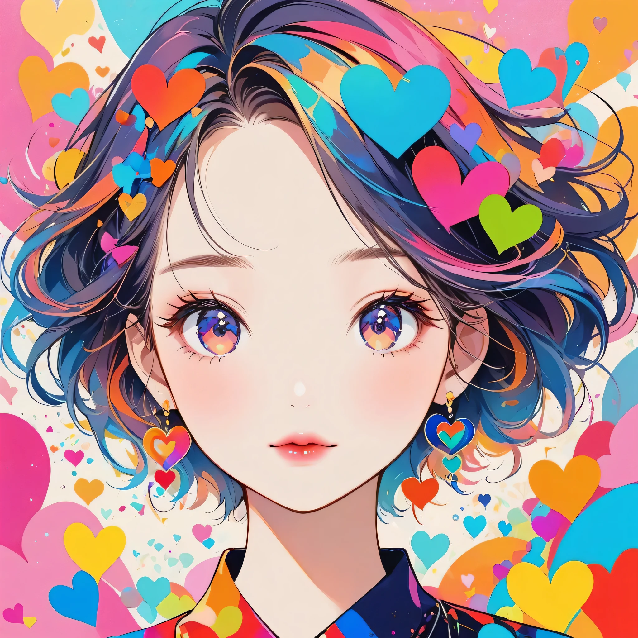 Mai Yoneyama colorful style, Simple Line Initialism,Abstract art,Urban Background, (((The most beautiful girl of all time))), Sweet face. Lips in love, colorful hearts, stylish design