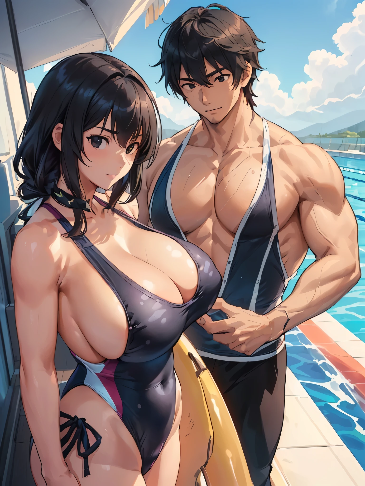 (18-year-old:2.0), ((coastal:1.5)),(((1 man & 1girl is lined up:2.0))),((A woman with huge breasts is wearing a high-cut swimsuit:2.0)),(Huge breasts:2.0),((1. The man is shirtless.:2.0)),(Smiling Beam:1.5), Two people,Highest quality, 4K, masterpiece, Very detailedな, Studio Lighting, Hilarious, Vivid expression,super high quality, Very detailed,Perfect photo,3d,8k,High resolution,Black Hair,(black eye:1.5),Sporty hairstyles,Smooth anime CG art, Cartoon characters posing next to a pool with a man and a woman, tits proportions, tits, Wearing a swimsuit, Artgerm and Genzoman, Renji Murata and Artgerm, Makoto Shinkai and Artgelm, Muscular!, sfw version, Muscular!!, sakimichan and frank franzzeta