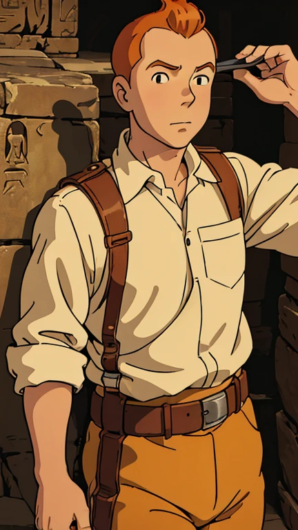 (1man, Tintin,1boy), (extremely detailed CG unit 8k wallpaper),(master part), (best quality), (ultra detail), (best illustration),(ghibli style), cowboy shot, (Sharp eyeliner, ombre, detailed eyes:1), Ancient Egyptian tomb interiors background, ,break , (t3mu1), upper body,brunning,short hair, orange hair, 