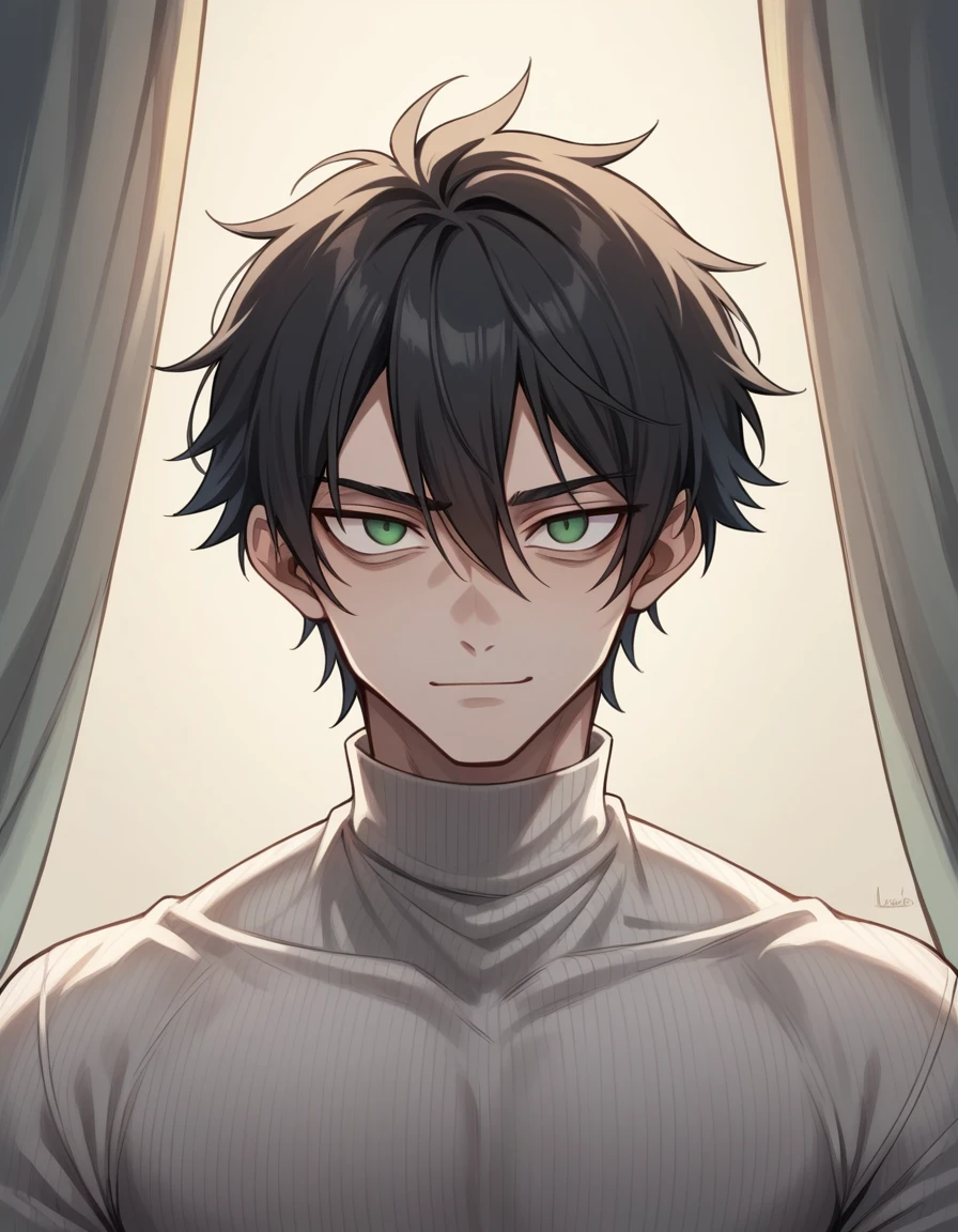 (best quality), 1boy, pale skin, black hair, medium hair, curtain hair, tousled hair, green eyes, perfect eyes, dark circles under eyes, tall, slender, handsome, strong jawline, lazy, light smile, attractive, turtleneck sweater, masterpiece, anatomically correct, highres