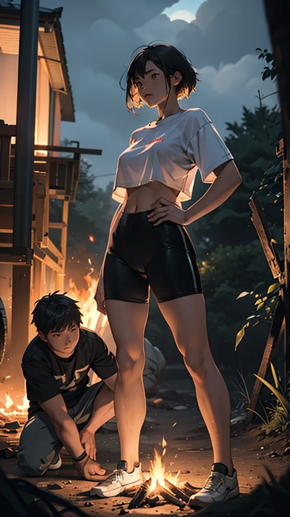 a beautiful girl and boy in short clothes camping in forest hills at night, large hips, fire burning in background, detailed face