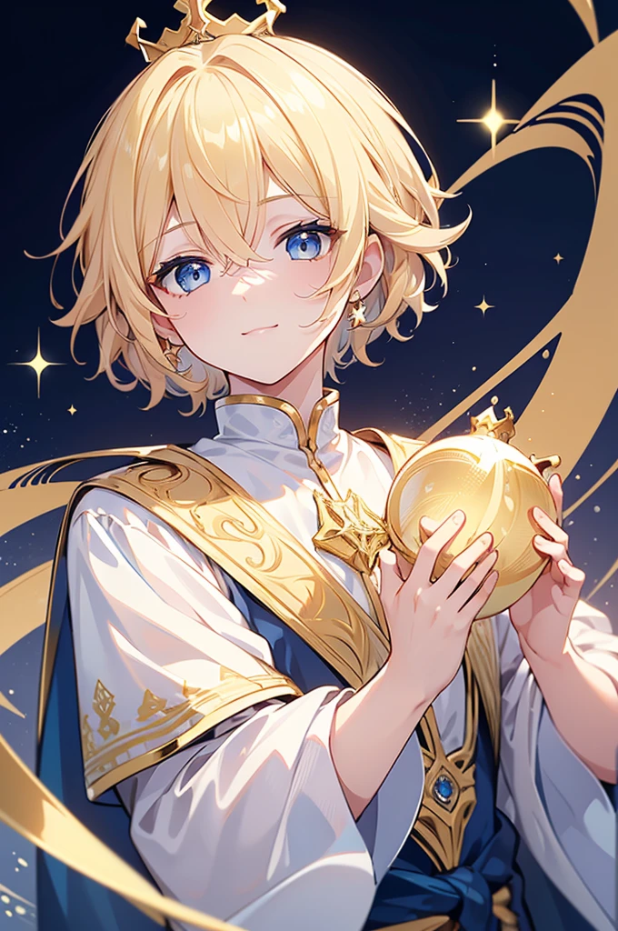 (Highest quality) (4K) (8k) (High resolution) (masterpiece:1.2) (Super detailed) One boy short hair Wizard Blue Eyes Long sleeve Golden decoration Hair between the eyes White Dress Wavy golden hair Upper Body (large crown) (White Background) (profile) Face close-up ((Young)) smile Star-shaped hair ornament