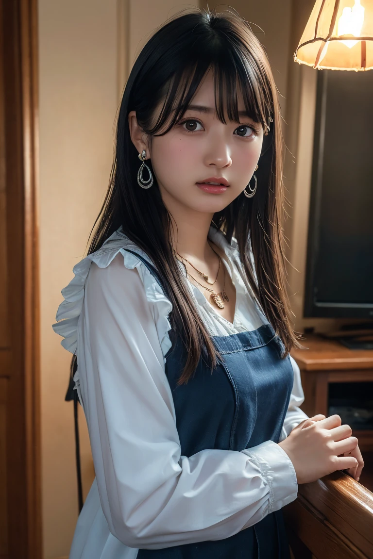 (Highest quality:1.4)，(masterpiece:1.4)，(Realistic:1.4)，(Realistic:1.2)，(超High resolution， RAW Photos:1.4)，(High resolution， Ultra-detailed:1.2)，(8k:1.2)，View your viewers，Cinematic photography，One girl，skeletally correct，Black-haired woman，Woman in her early 20s，(Small earrings，necklace，Light blue ruffled blouse)，（Western-style building interior，Dimly lit room，The lamplight shines on my cheeks）