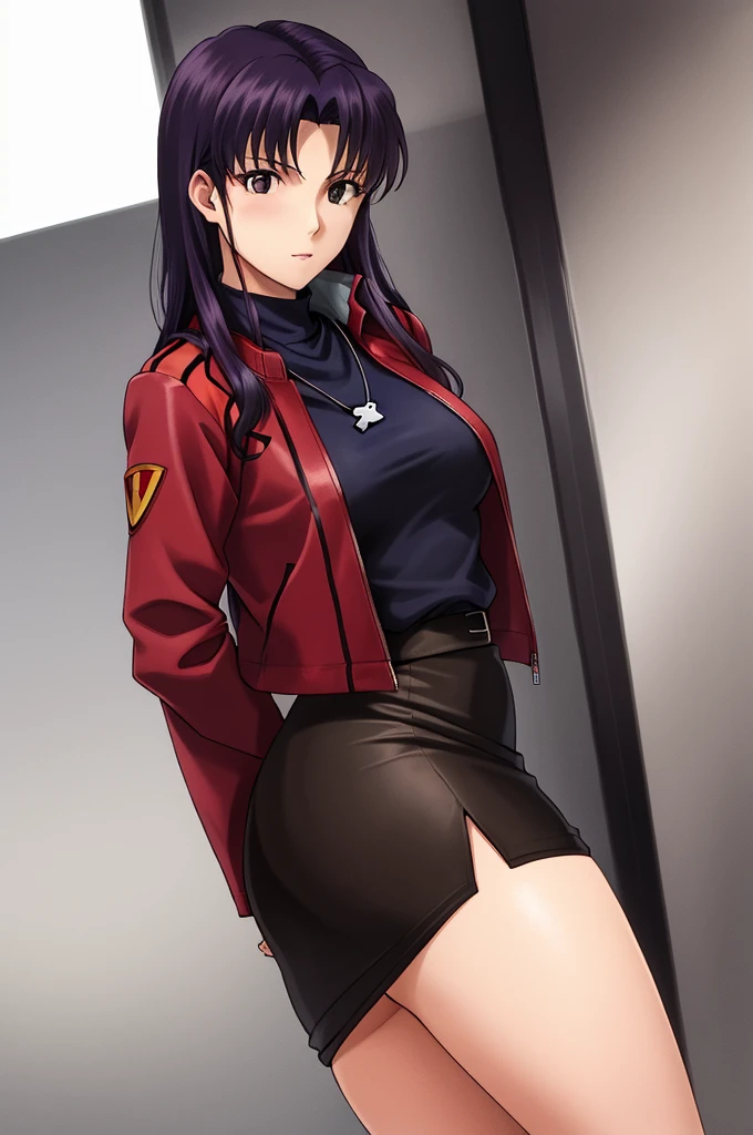 Katsuragi_Misato, 
1girl, solo, purple_hair, long_hair, katsuragi_misato, pencil_skirt, skirt, jacket, red_jacket,
high detail,Cinematic light, intricate detail,highres, high detail,detailed,best quality,