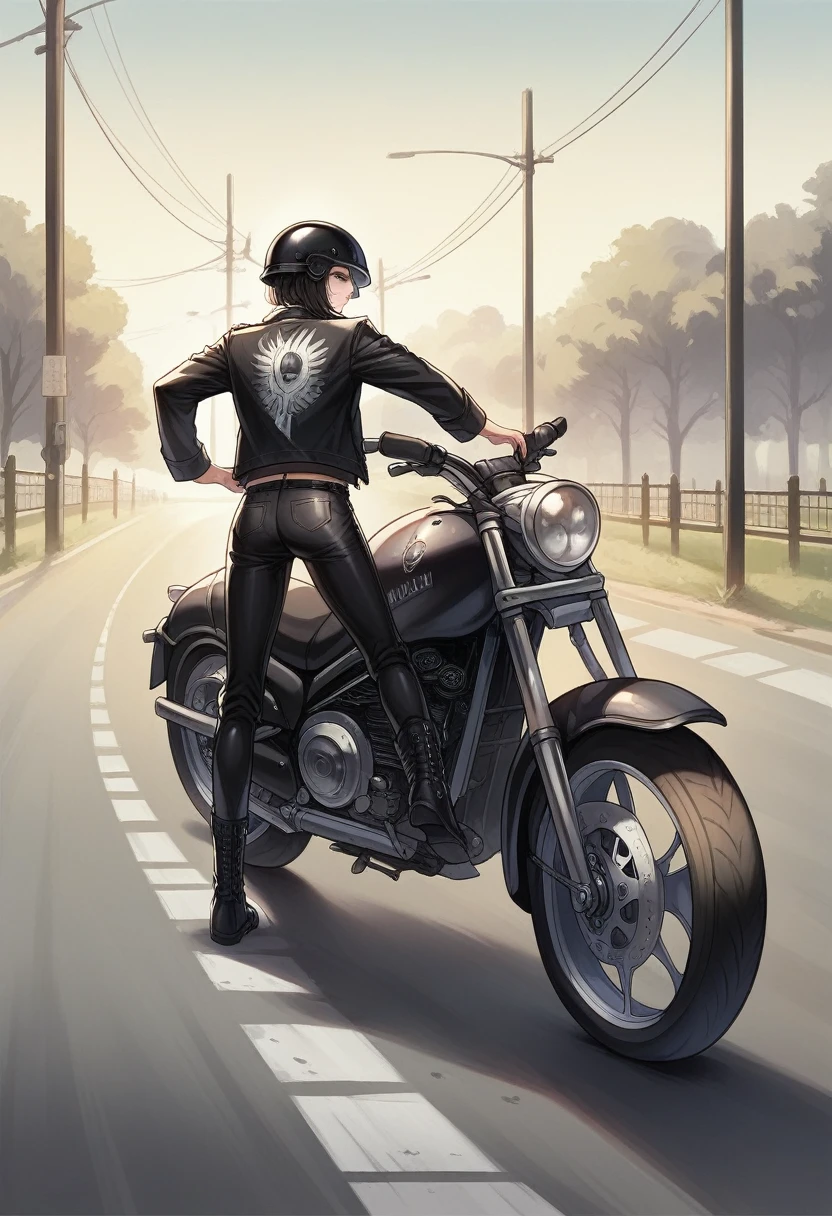 realistic photo of a beautiful medium built japanese woman, cold undertones, light pink lips with long black hair, wearing a shinny black leather jacket with the name: 'ANNE RETANO' printed on the back, large back print, black leather fit pants and boots, carrying a black motorcycle helmet, silver accessories, road background, riding a big bike, backview, looking back, facing and staring at the camera, the sunlight illuminating her skin, depth, Hyperrealism