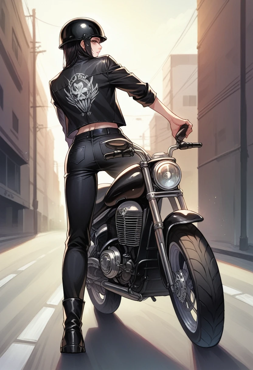 realistic photo of a beautiful medium built japanese woman, cold undertones, light pink lips with long black hair, wearing a shinny black leather jacket with the name: 'ANNE RETANO' printed on the back, large back print, black leather fit pants and boots, carrying a black motorcycle helmet, silver accessories, road background, riding a big bike, backview, looking back, facing and staring at the camera, the sunlight illuminating her skin, depth, Hyperrealism
