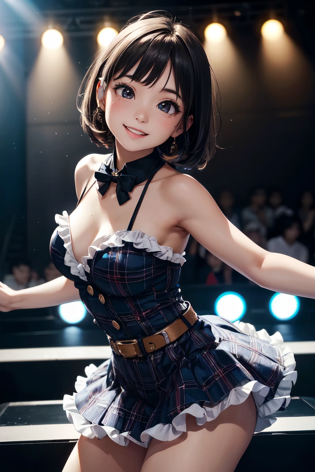 very cute and beautiful girl,(highly detailed beautiful face and eyes),(smile:1.2),happy,
black hair,looking at viewer,dancing,singing,beautiful legs,cowboy shot,
plaid navy blue idol costume like AKB48, akiba idol,detailed frills,
live stage,concert hall,spot light,
(best quality,masterpiece),absurdres,highres,ultra-detailed,extremely detailed,32k,8k resolution,
intricate details,cinematic scene,detailed background,solo,dynamic angle,