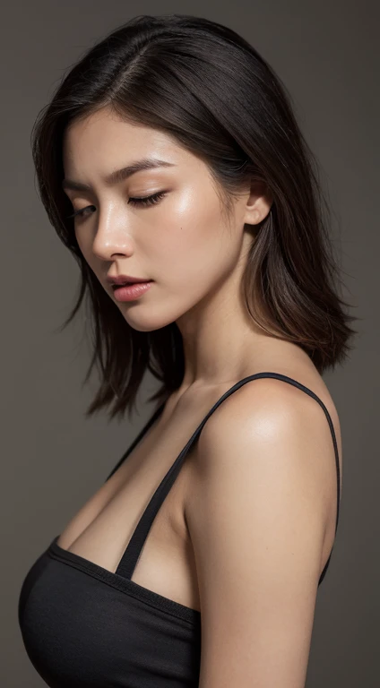 High resolution, High level image quality, high detail, masterpiece, rough skin, anatomically correct, sharp, gray background((japanese mature, 28 years old)), alone, ((close your eyes and open your mouth))、(Strong orgasm)、facial wrinkles, good shape medium ibreasts, Short bob light brown hair that reaches to the shoulders, slim body shape (((stand upright, facing the center of the screen.))), Close your mouth and look straight ahead with a serious face, ((cowboy shot)),I&#39;Looking for record of objection.、((Raise your arms and show me your armpits))、((Strong orgasm))wrinkles between eyebrows、turtleneck sleeveless knit、((skin shining with sweat、Arms glistening with sweat、face shining with sweat,))