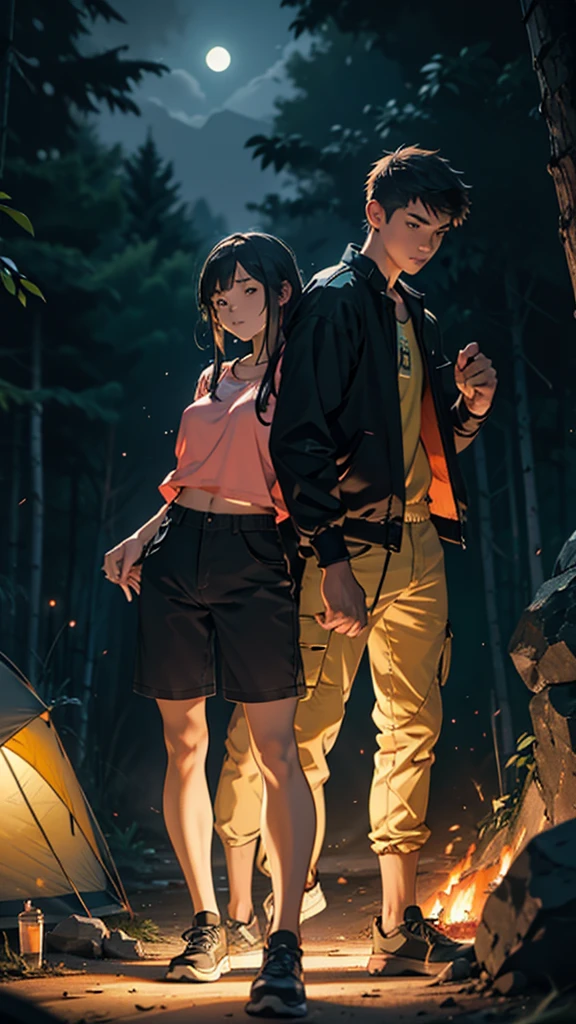 a beautiful girl and boy in short clothes camping in forest hills at night, large hips, fire burning in background, detailed face