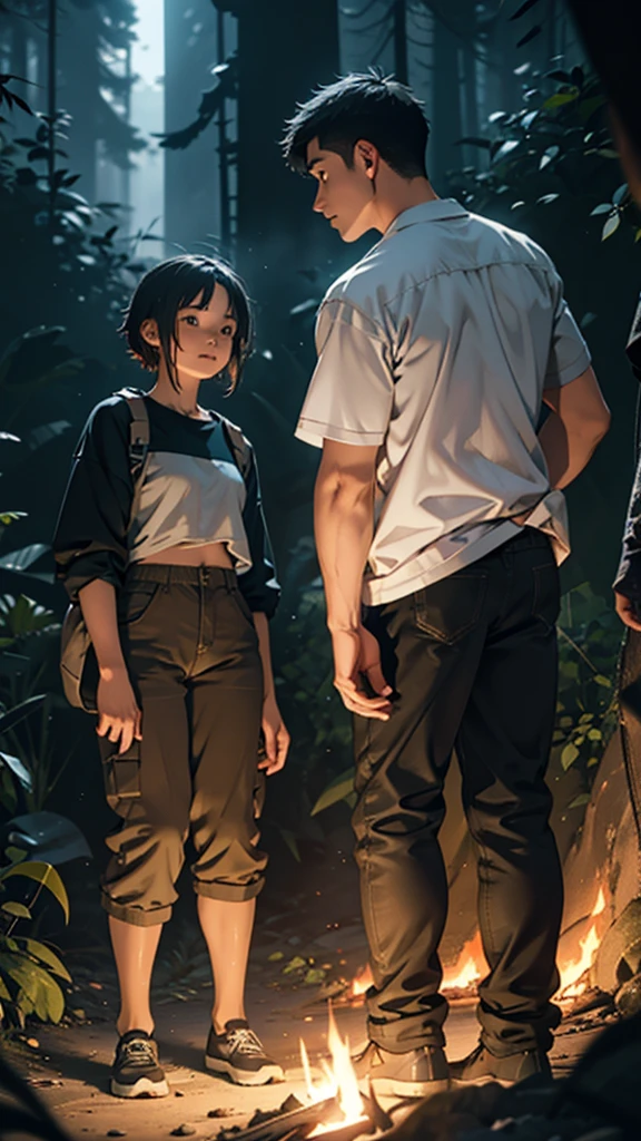 a beautiful girl and boy in short clothes camping in forest hills at night, large hips, fire burning in background, detailed face