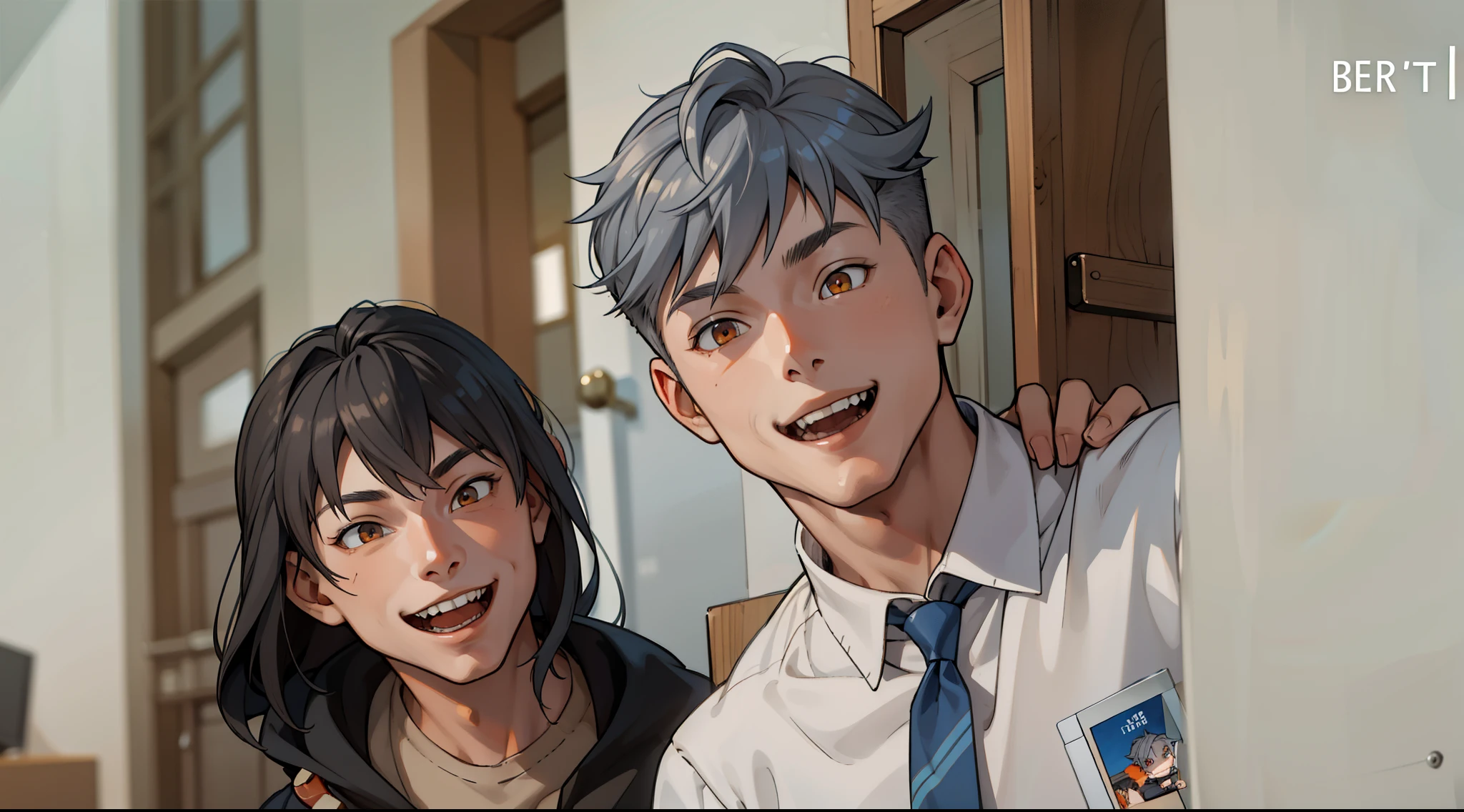  a boy and a 15 year old boy, gray hair orange eyes, They are smiling mischievously