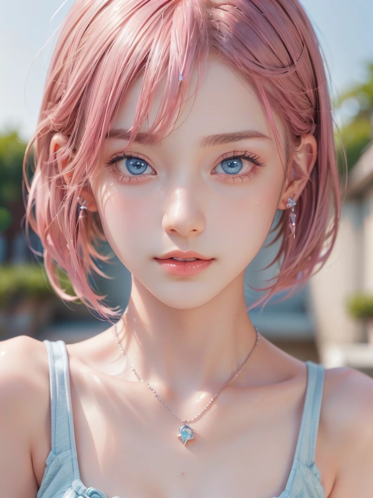 ((detailed face, professional photography)), ((extra short hair, sidelocks-hair, pink hair, Large, clear sky-blue eyes, earrings, 1 Girl)), Ultra High Resolution, (Realistic: 1.4), RAW Photo, Best Quality, (Photorealistic Stick), Focus, Soft Light, ((19 years old)), (surface), (depth of field), masterpiece, (realistic), woman, short bangs, ((1 girl))