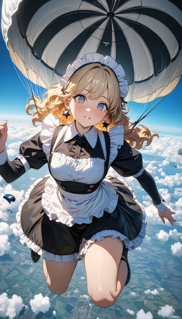 ((best quality)), ((masterpiece)), (detailed), perfect face, ((Best quality, 8k, Masterpiece: 1.3)), Sharp focus, Highly detailed face and skin texture, Detailed eyes, Light blonde, shoulder-length, wavy hair, star earrings, A maid costume with frills, white brim, high resolution, Textured skin, anime style, Skydiving, jumping from an airplane using a parachute, A scene where the parachute opens and flies through the sky, ((from below))