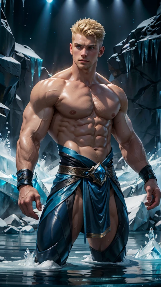 A strong, muscular man with blonde undercut hair and intensely blue eyes, wearing blue and silver clothes. He is young and handsome, with an imposing, well-defined body. In combat, he uses water and ice magic, with waves and currents of water enveloping the entire scene, creating a refreshing and powerful atmosphere. He manipulates the water with elegant and precise gestures, his eyes glowing with a cold, icy blue intensity, showcasing his absolute control over the element. The scene is rendered in a photorealistic, hyper-realistic 8k style, with studio lighting. The combat pose is fluid and imposing, with the image being grand and cinematic, featuring vibrant colors, stunning HDR, and lighting that highlights the texture of the water and the sparkle of the ice.