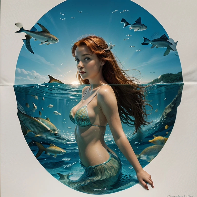 (Best quality), (detailed) Illustration for the fairy tale about the little mermaid, swimming in the sea among fish