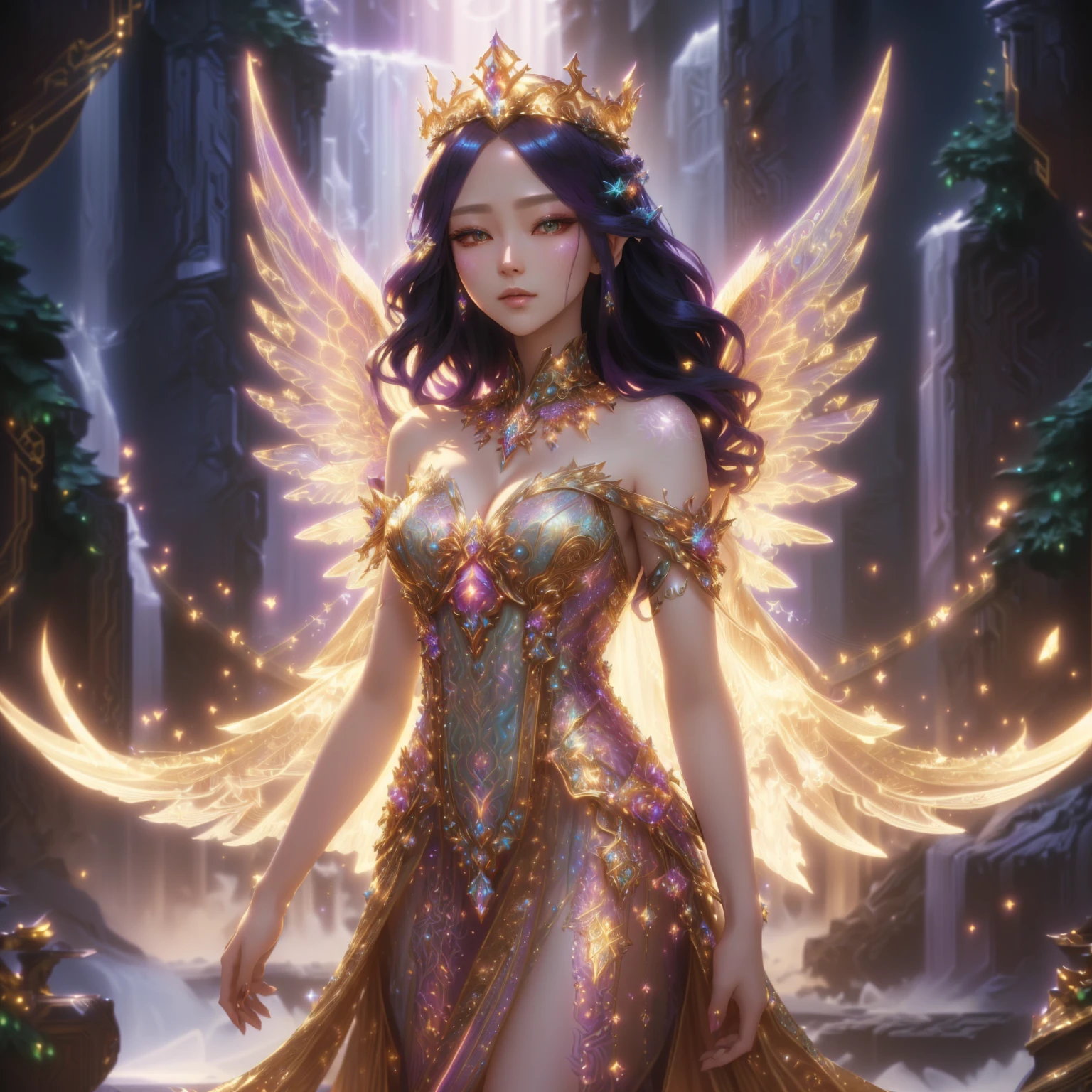 woman in purple dress Long, winged blonde hair, Fantasy art style, ((Beautiful Fantasy Empress)), Detailed fantasy art, Beautiful Fantasy Empress, epic Fantasy art style hd, By Yang J, fantasy anime illustration, Fantasy anime artwork, fantasy style art, A very detailed RTM pathogen., beautiful heavenly mage, Ethereal fantasy, The beautiful and elegant Elf Queen.