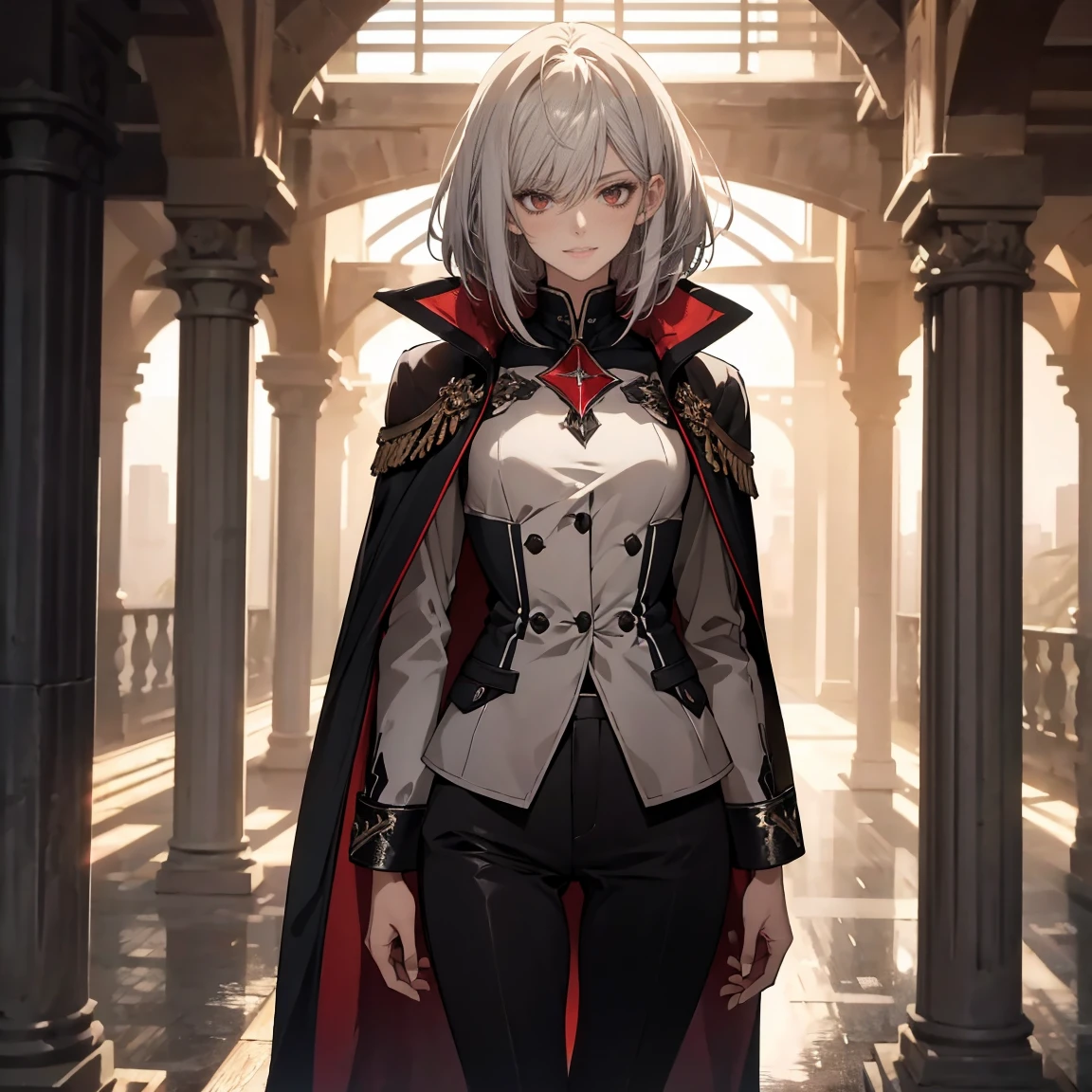 (Confused, High resolution, Very detailed), 1 female, Silver Hair,Falling Bob Hair,Crimson Eyes,uniform,24th generation,beauty,mature,thin,quiet,Calm,A small smile,A kind smile,In front of people you like,Cape coat,Slender and thin,boots,skinny pants,Sea at dawn,Small breasts,