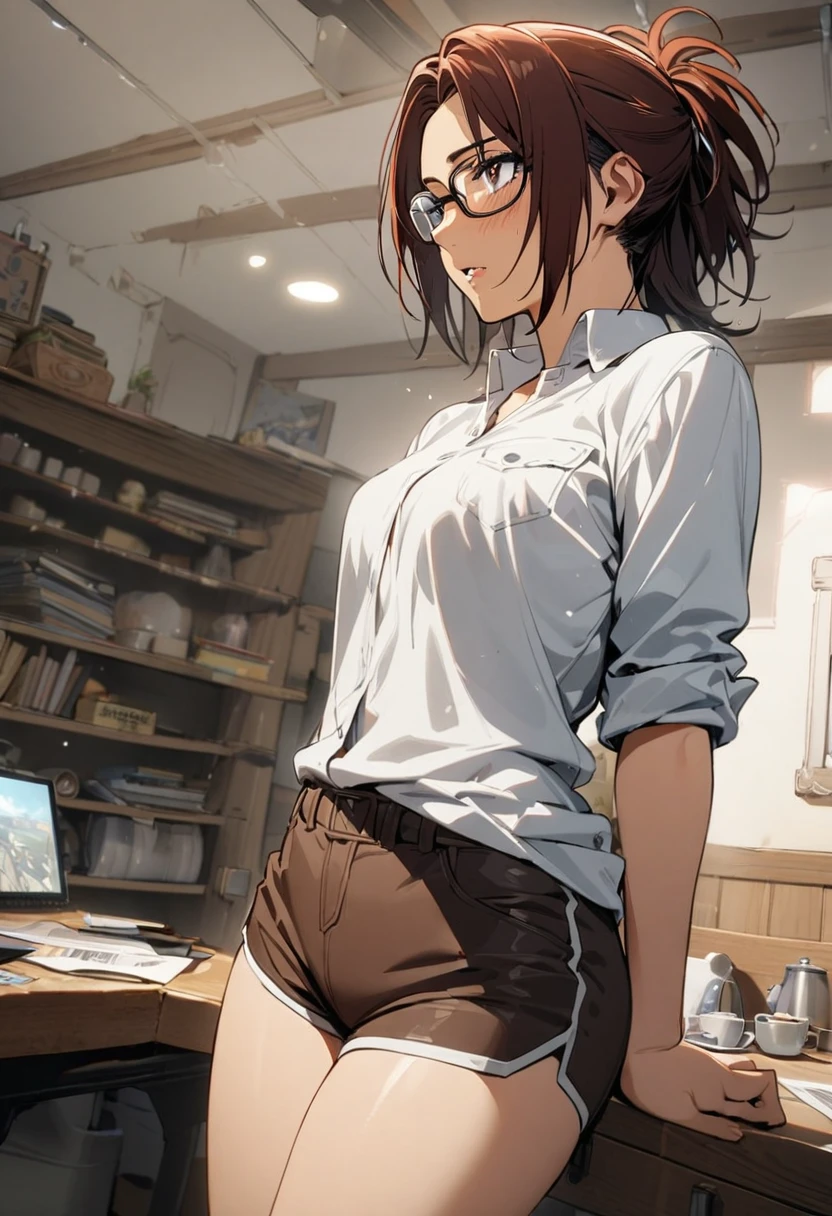 1girl, hange zoe,glasses, shingeki no kyojin,shirt,shorts,room,masterpiece, best quality, absurdres,