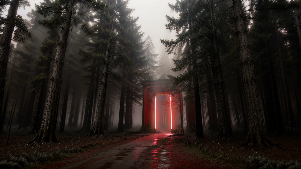 A realistic 4K photograph figure a bright red portal in the heart of a foggy forest, the portal’s light casting vivid reflections on the damp ground, surrounded by towering trees and mist, evoking a sense of wonder and suspense., Film Grain, Pinhole Photography, Aerial View, Super-Resolution