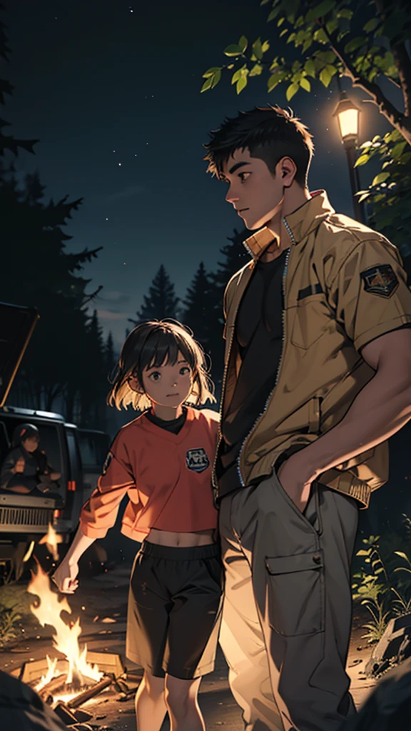 a beautiful girl and boy in short clothes camping in forest hills at night, large hips, fire burning in background, detailed face