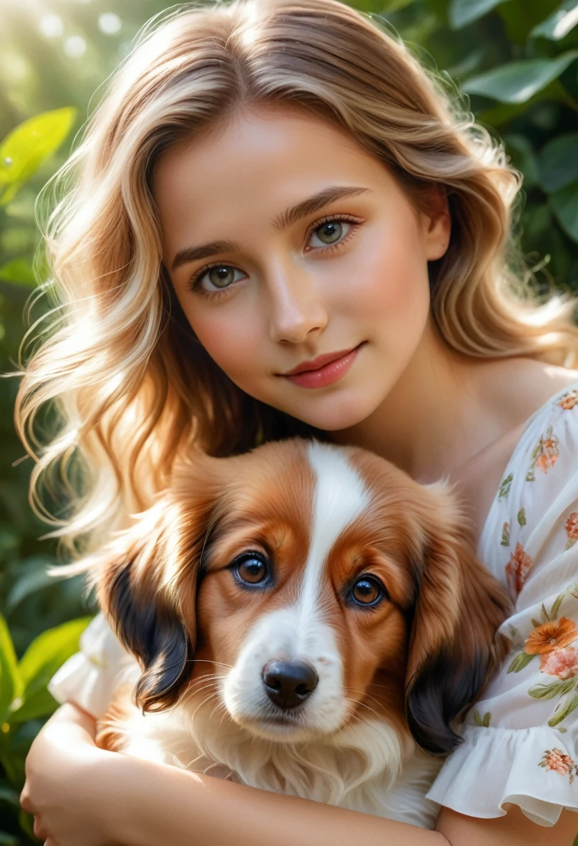 (highest quality,4K,8k,High resolution,masterpiece:1.2),Very detailed,(Realistic,photoRealistic,photo-Realistic:1.37),realistic,portraits,beautiful girl,holding a Kooikerhondje,paintings,soft brushstrokes,vibrant colors,garden background,detailed girl's eyes,detailed girl's lips,peaceful expression,flowing dress, figure,gentle smile,natural sunlight,lush greenery,playful puppy,wavy hair,subtle shadows,delicate features,captivating gaze,sunlight filtering through trees,botanical elements,floral patterns,endearing bond,bright and cheerful atmosphere,innocent charm,loving connection between girl and puppy,accurate portrayal of the Kooikerhondje's appearance,tender interaction,dimensional and lifelike representation,capturing the emotional connection between humans and animals,positive and heartwarming vibes,impeccable attention to detail,carefully composed composition,realistic fur texture and color rendering,subtle highlights and shading,impressionistic brushwork,ethereal and dreamlike quality, blond hair, 16 years old