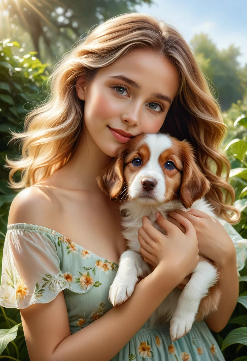 (highest quality,4K,8k,High resolution,masterpiece:1.2),Very detailed,(Realistic,photoRealistic,photo-Realistic:1.37),realistic,portraits,beautiful girl,holding a Kooikerhondje,paintings,soft brushstrokes,vibrant colors,garden background,detailed girl's eyes,detailed girl's lips,peaceful expression,flowing dress, figure,gentle smile,natural sunlight,lush greenery,playful puppy,wavy hair,subtle shadows,delicate features,captivating gaze,sunlight filtering through trees,botanical elements,floral patterns,endearing bond,bright and cheerful atmosphere,innocent charm,loving connection between girl and puppy,accurate portrayal of the Kooikerhondje's appearance,tender interaction,dimensional and lifelike representation,capturing the emotional connection between humans and animals,positive and heartwarming vibes,impeccable attention to detail,carefully composed composition,realistic fur texture and color rendering,subtle highlights and shading,impressionistic brushwork,ethereal and dreamlike quality, blond hair, 16 years old