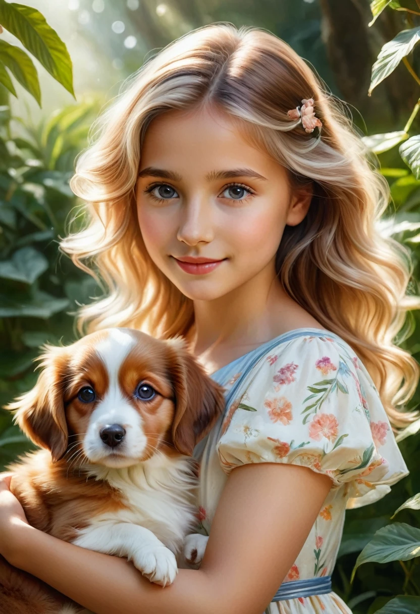 (highest quality,4K,8k,High resolution,masterpiece:1.2),Very detailed,(Realistic,photoRealistic,photo-Realistic:1.37),realistic,portraits,beautiful girl,holding a Kooikerhondje,paintings,soft brushstrokes,vibrant colors,garden background,detailed girl's eyes,detailed girl's lips,peaceful expression,flowing dress, figure,gentle smile,natural sunlight,lush greenery,playful puppy,wavy hair,subtle shadows,delicate features,captivating gaze,sunlight filtering through trees,botanical elements,floral patterns,endearing bond,bright and cheerful atmosphere,innocent charm,loving connection between girl and puppy,accurate portrayal of the Kooikerhondje's appearance,tender interaction,dimensional and lifelike representation,capturing the emotional connection between humans and animals,positive and heartwarming vibes,impeccable attention to detail,carefully composed composition,realistic fur texture and color rendering,subtle highlights and shading,impressionistic brushwork,ethereal and dreamlike quality, blond hair, 16 years old